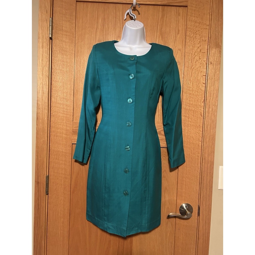 NEW Vintage 90s 100% Silk Emerald Teal Ellen Ashley Long Sleeve Sheath Dress 2P